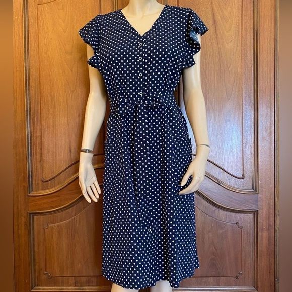 CLEARANCE 90’s Vintage Dress Navy & White Polka Dot Flutter Sleeve Size Large - Picture 3 of 9